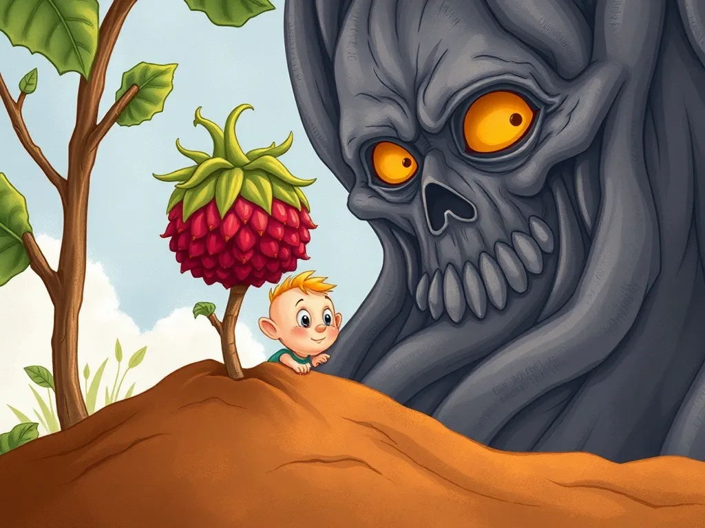 Pip and Max: A Tale of Tiny Courage - Pip peering curiously from behind a cloudberry at the gloomy giant drawing in the dirt