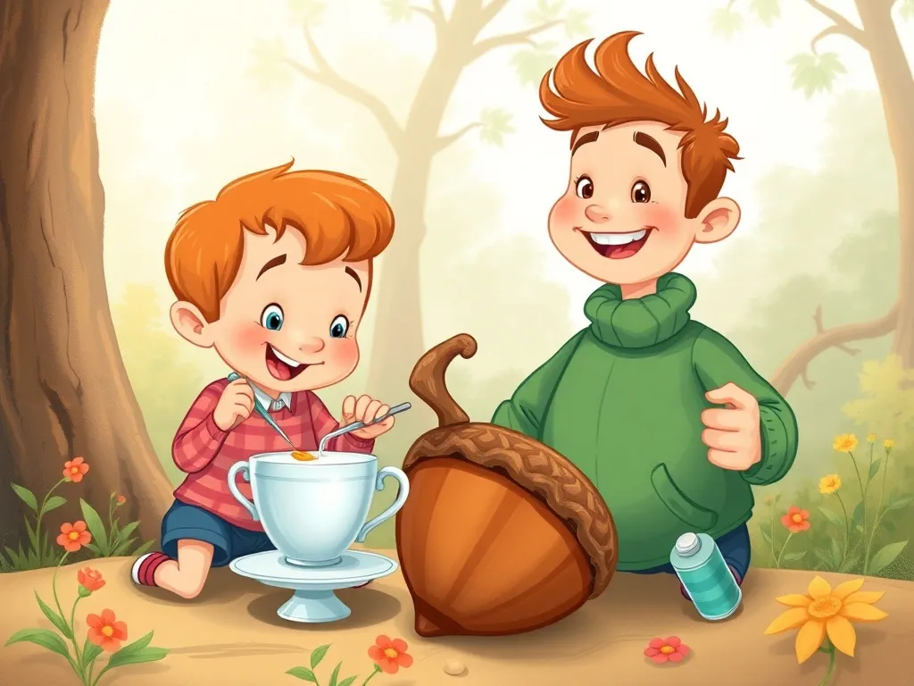 Pip and Max: A Tale of Tiny Courage - Pip stirring a thimble-sized teacup while Max holds a giant acorn cup, both smiling