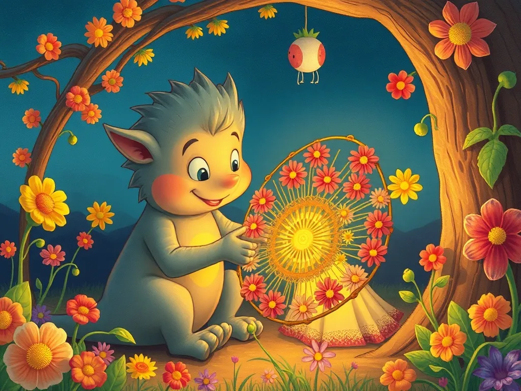 Pip and Max: A Tale of Tiny Courage - Max sheltering Pip as she weaves intricate flower decorations beside him