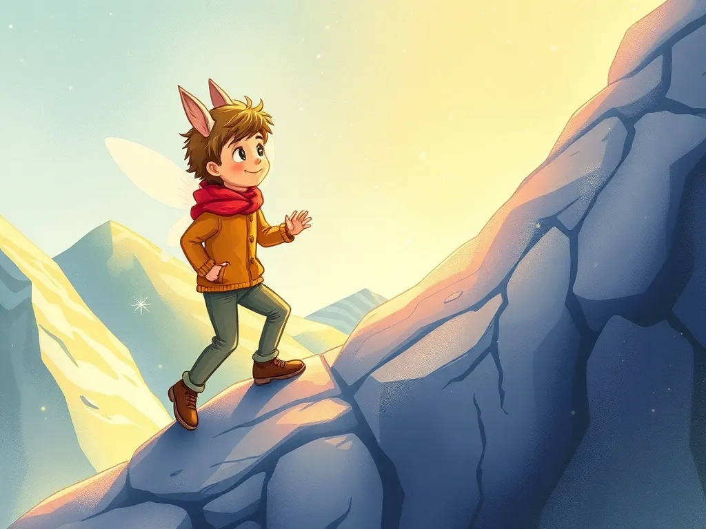 Pip and Max: A Tale of Tiny Courage - Pip sprinkling sparkling fairy dust while perched on Max's shoulder as he takes his first confident steps up the mountain