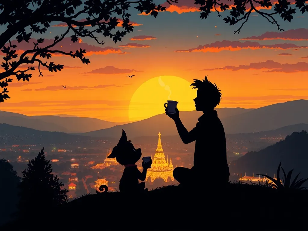 Pip and Max: A Tale of Tiny Courage - Pip and Max silhouetted against the sunset, sharing tea and watching the glowing festival below