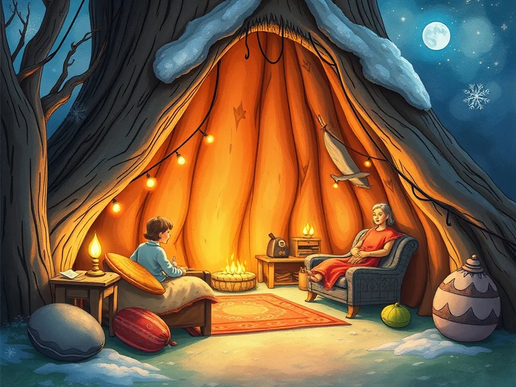 Pip and the Gentle Giant's Photo Magic - Cozy fort lit by enchanted photographs