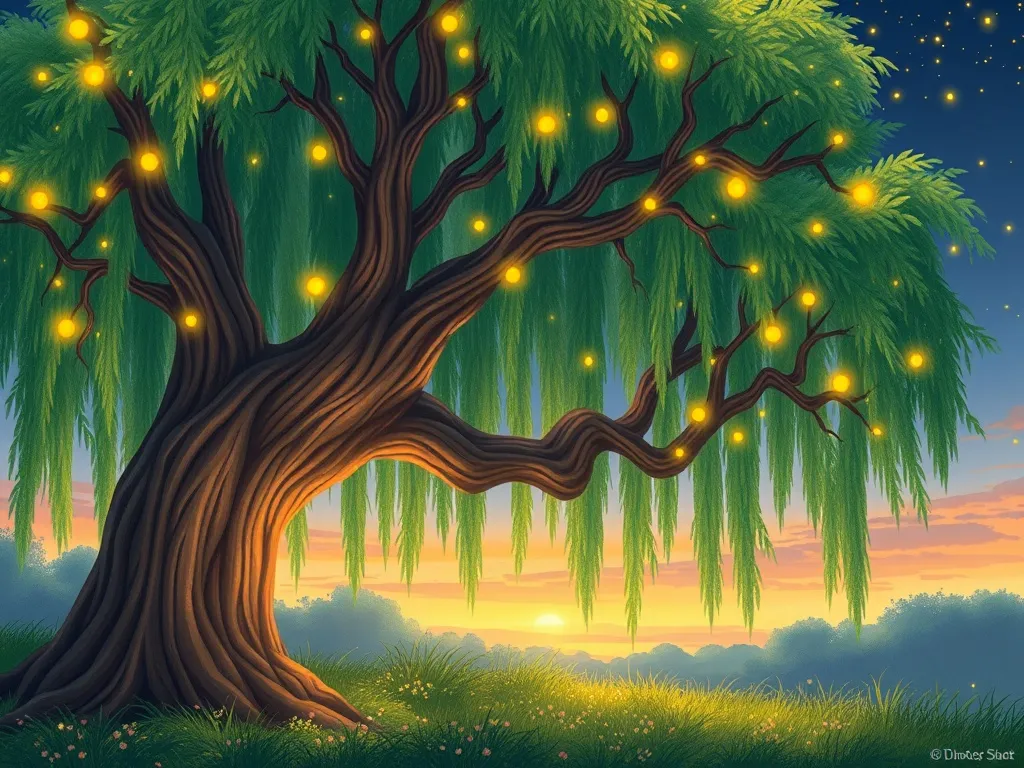 Pip's Garden of Friendship - Majestic willow tree aglow with fireflies at dusk