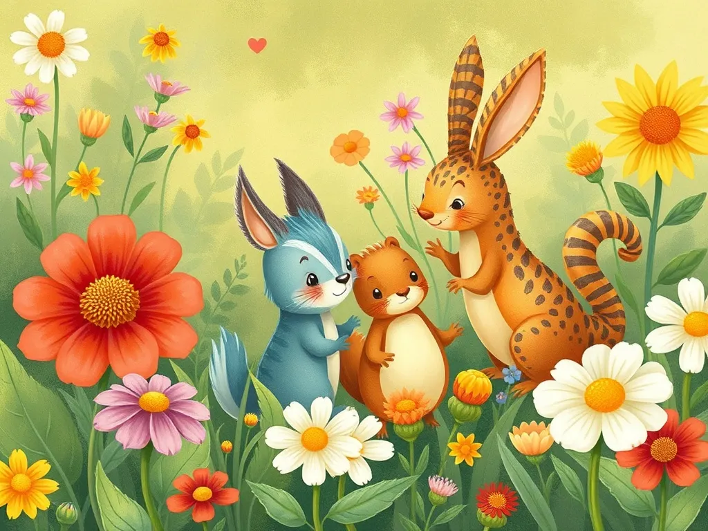 Pip's Garden of Friendship - Garden creatures working in harmony among flowers