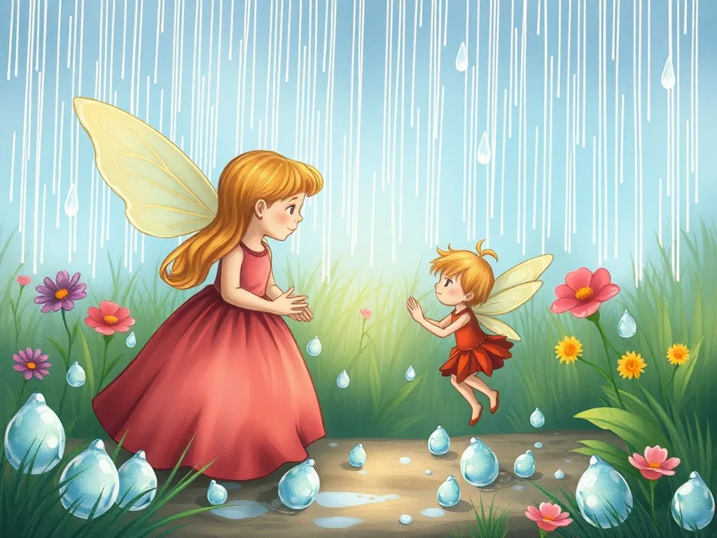 Pip's Garden of Friendship - Tiny fairy meeting gentle giant among raindrops