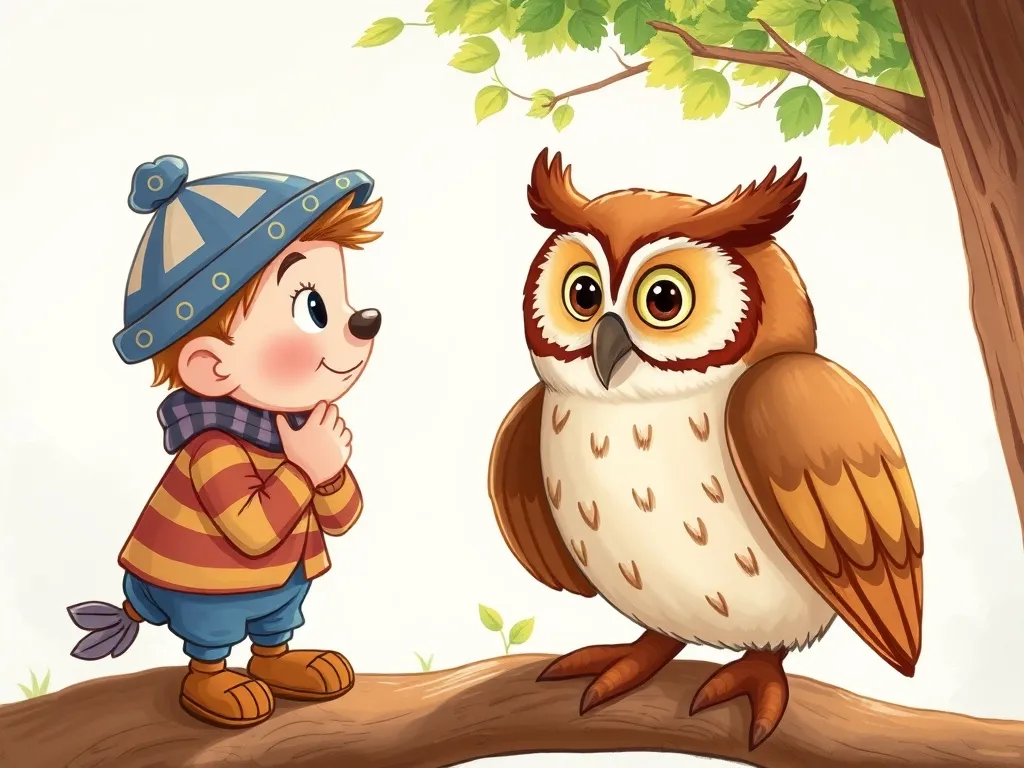 Pip's Pond Party Problem - Pip and Mr. Owl having a thoughtful conversation