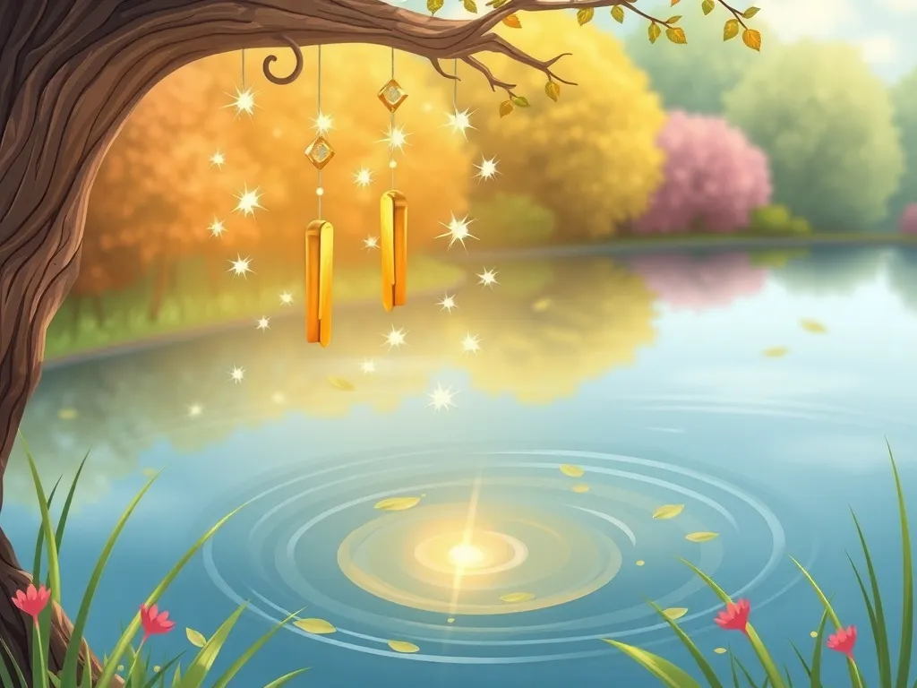Pip's Pond Party Problem - Wind chimes sparkling above the pond