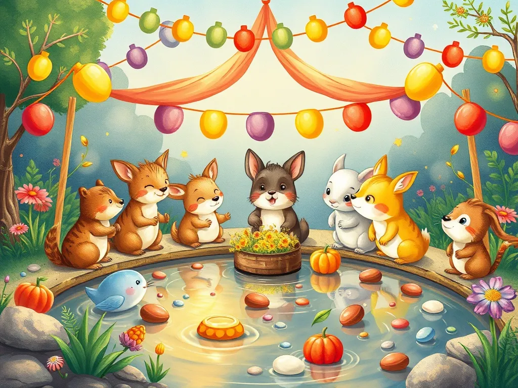 Pip's Pond Party Problem - Animals celebrating at the decorated pond party