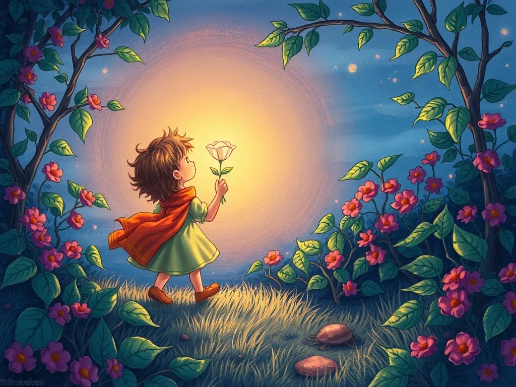 Prince Aldric and the Thorn Grove Light - Bramble carrying glowing petal while following Aldric's light