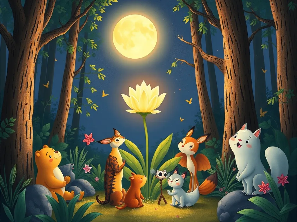 Prince Aldric and the Thorn Grove Light - All forest creatures gathered peacefully around glowing Moonflower