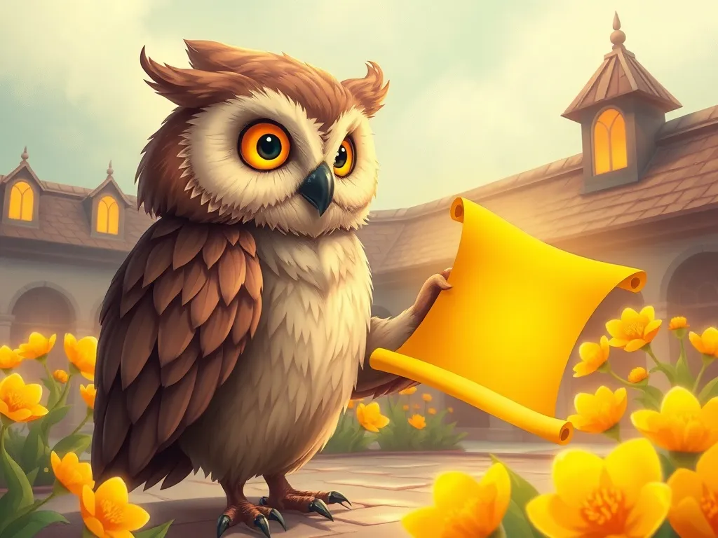 Prince Lumino and the Glowing Garden - Wise owl delivering golden scroll in courtyard of glowing flowers