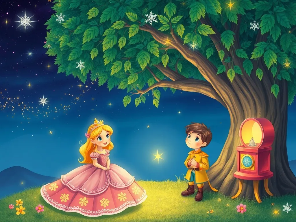 Prince Lumino and the Glowing Garden - Princess Stella and Prince Lumino under sparkling willow tree with glowing music box