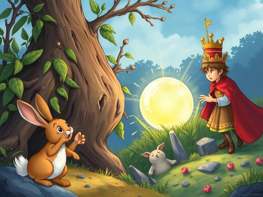Prince Lumino and the Glowing Garden - Glowing marble tumbling into moon lilies while rabbit and prince watch in worry