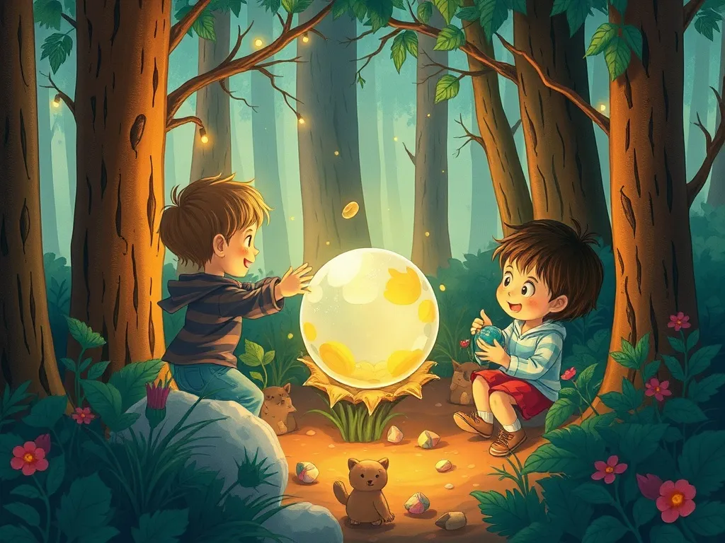 Prince Lumino and the Glowing Garden - Forest children working together with glowing toys rescuing marble from flowers