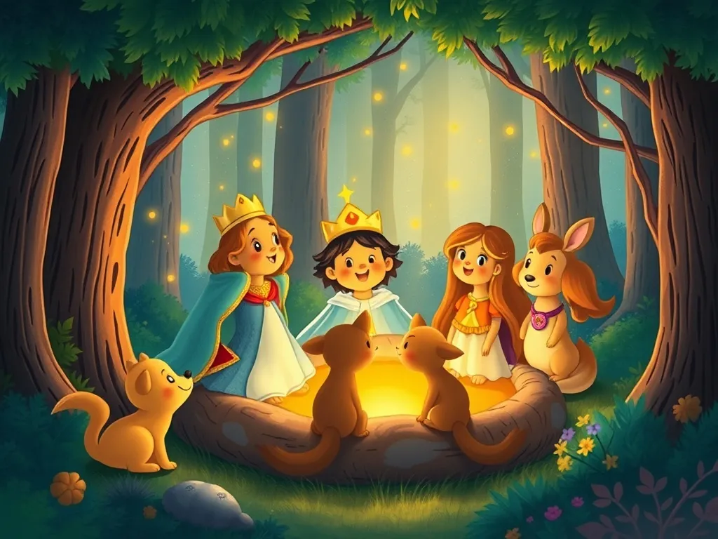 Prince Lumino and the Glowing Garden - Prince Lumino and forest friends in glowing sharing circle filled with joy