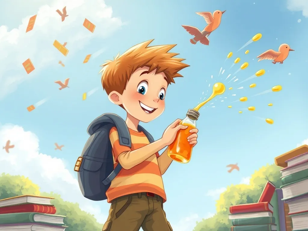 Professor Percival and the Floating Fiasco - Boy spraying juice bottle at books zooming overhead