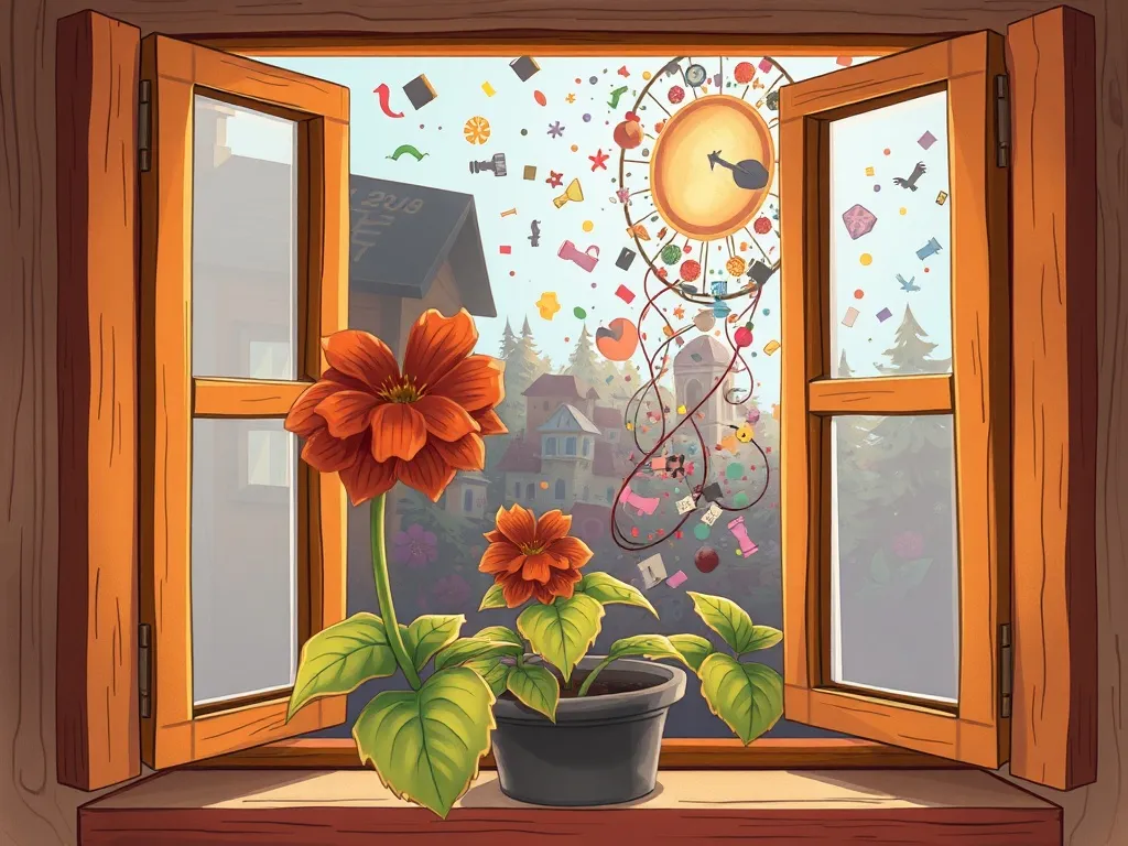 Professor Percival and the Floating Fiasco - Wilted brown geranium in window with floating chaos beyond