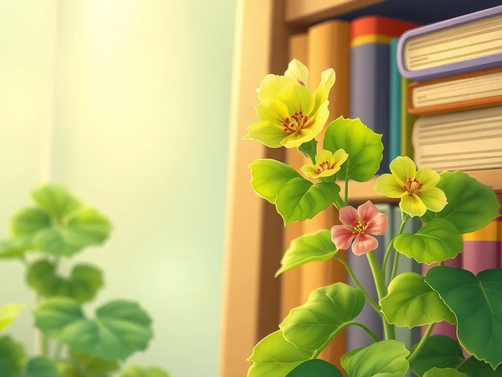 Professor Percival and the Floating Fiasco - Green geranium blooming as books settle onto shelves