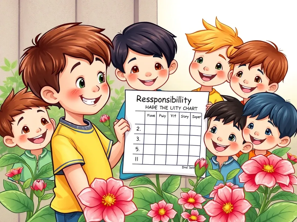 Professor Percival and the Floating Fiasco - Boy showing responsibility chart to smiling classmates around geranium