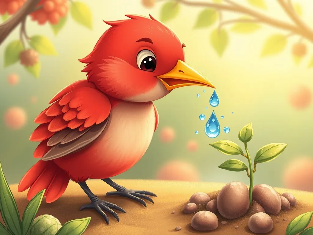 Professor Petunia's Pickle Juice Problem - Ruby carefully carrying water droplets to the struggling plant in her beak