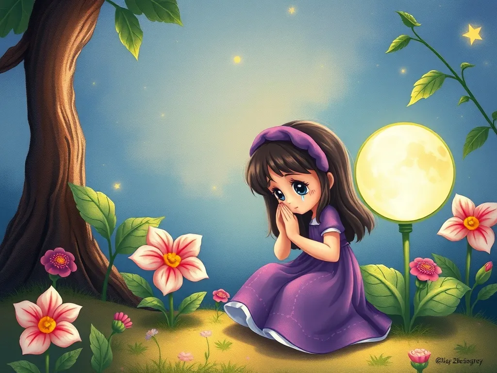 Professor Petunia's Pickle Juice Problem - Petunia kneeling beside the Moon Flower with tears on her cheeks