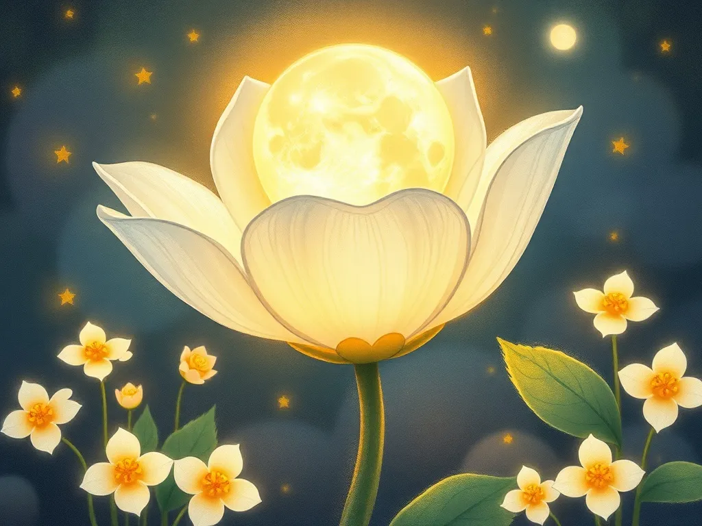 Professor Petunia's Pickle Juice Problem - The Moon Flower blooming in magnificent glowing silver petals lighting up the garden