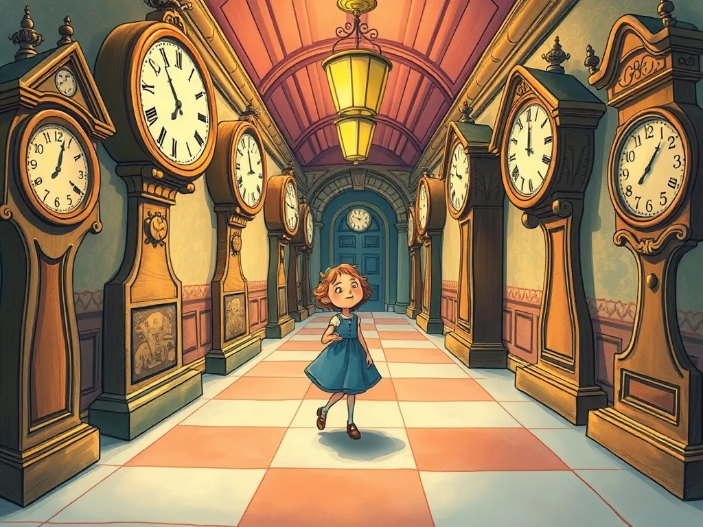 Professor Picklebottom's Topsy-Turvy Discovery - Penelope landing confused in bizarre hallway with singing clocks