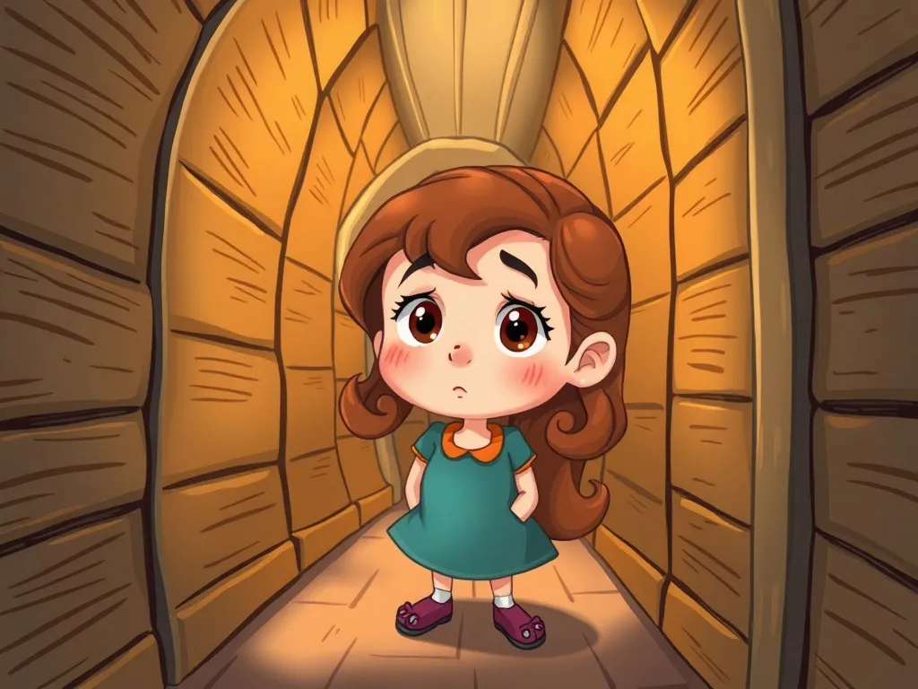 Professor Picklebottom's Topsy-Turvy Discovery - Penelope looking small and worried in twisting hallways