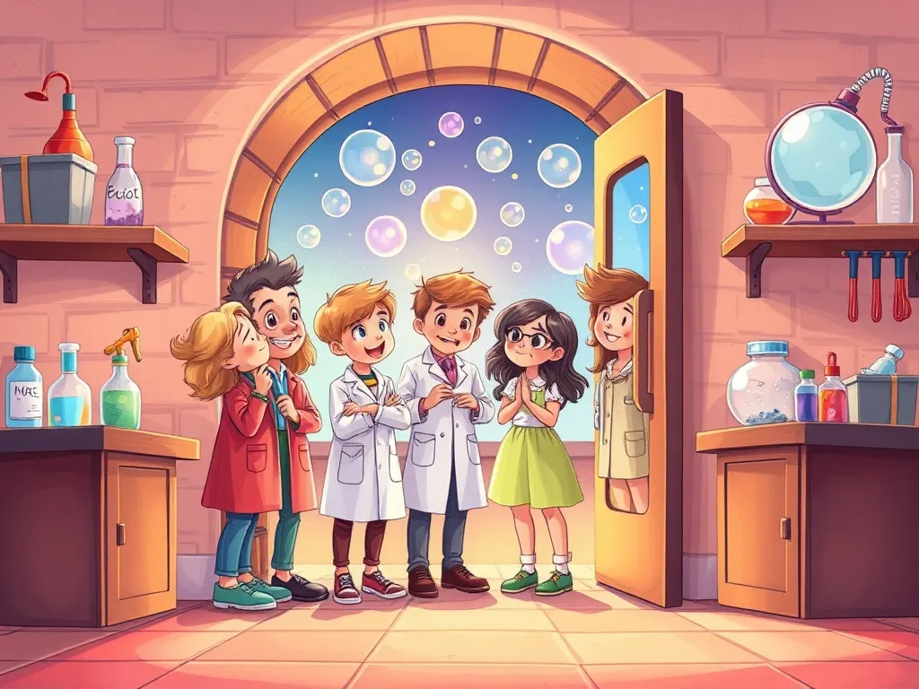Professor Picklebottom's Topsy-Turvy Discovery - Group opening door together to bubbly science lab