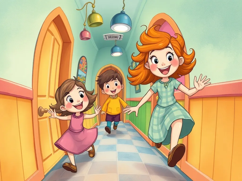 Professor Picklebottom's Topsy-Turvy Discovery - Penelope and friends exploring joyfully through topsy-turvy hallways