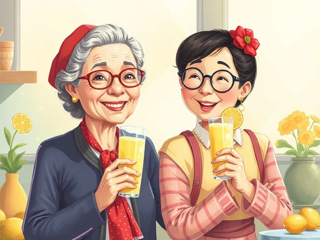 Questions on Maple Street - Grandma and Mrs Chen with lemonade glasses