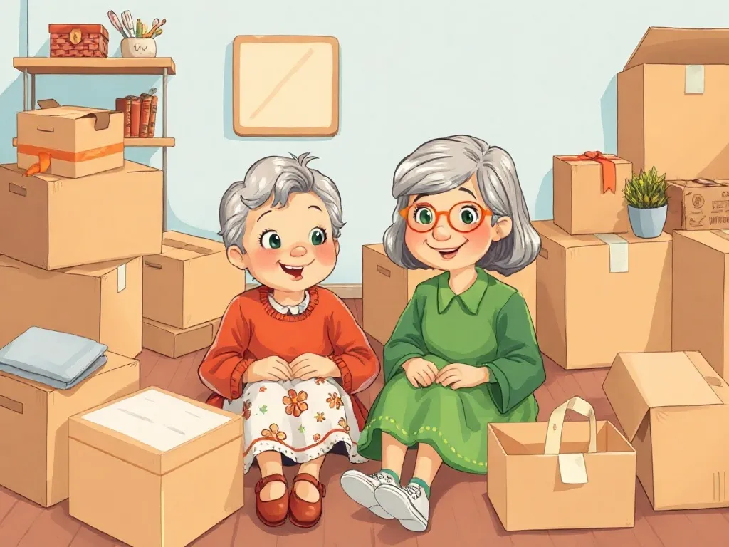Questions on Maple Street - Grandma and Maya sitting among unpacked boxes