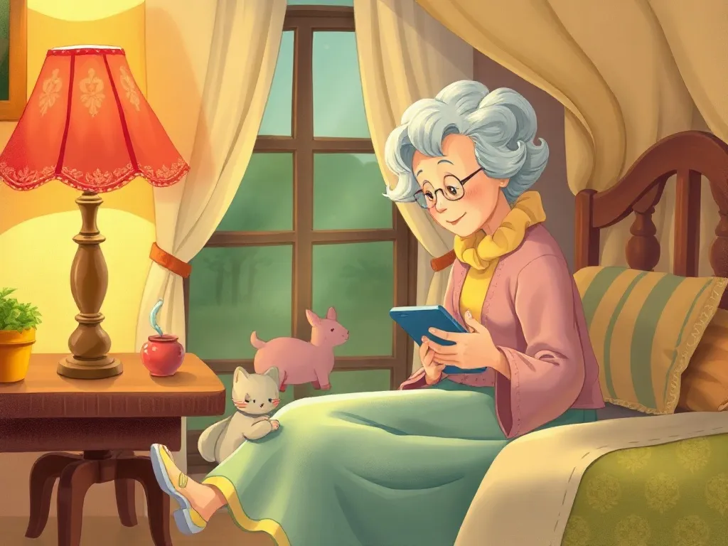 Questions on Maple Street - Grandma texting Mrs Chen in lamp-lit bedroom
