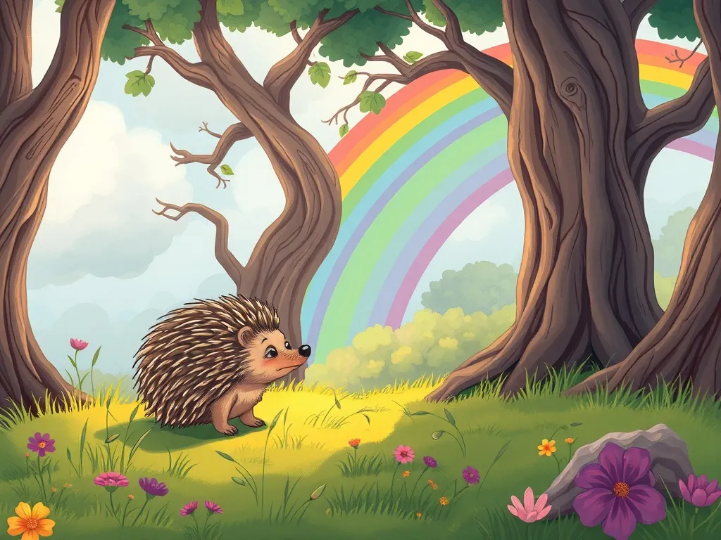 Rainbow's Way Home - Rainbow meeting grumpy hedgehog near twisted trees