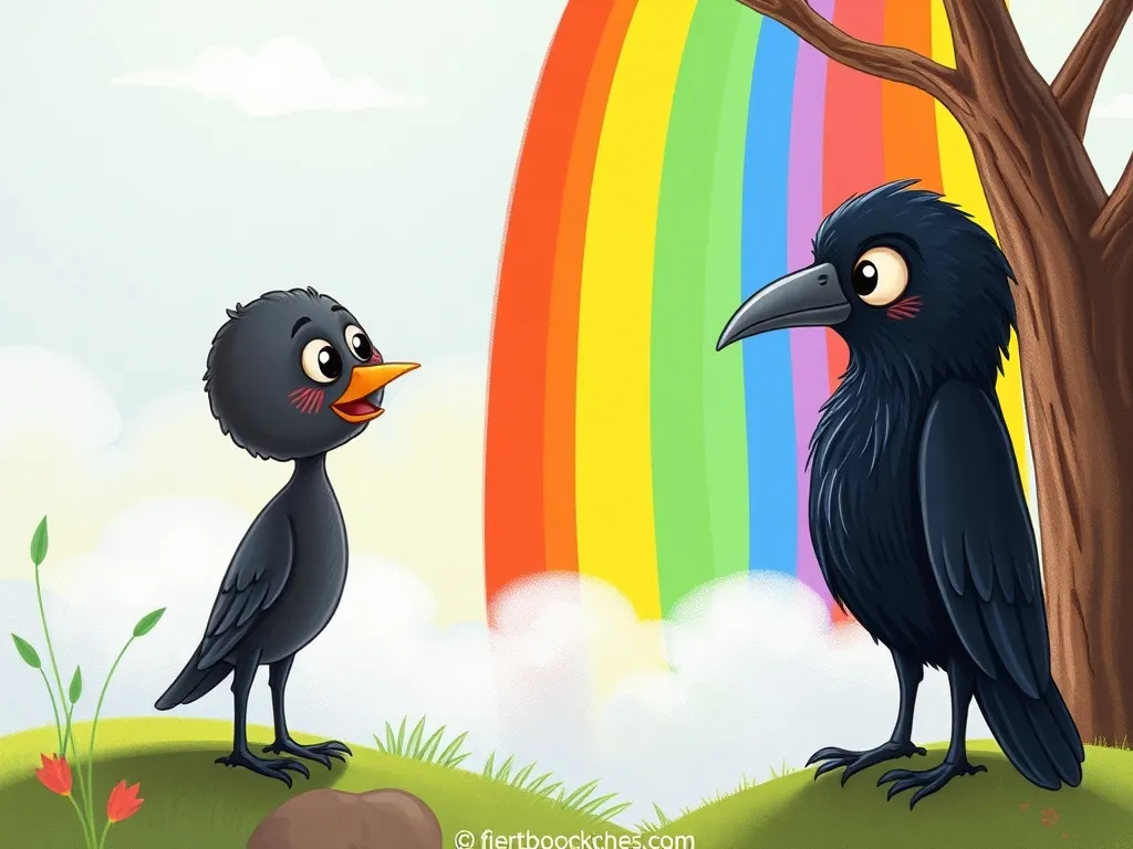 Rainbow's Way Home - Rainbow offering kind advice to suspicious crow