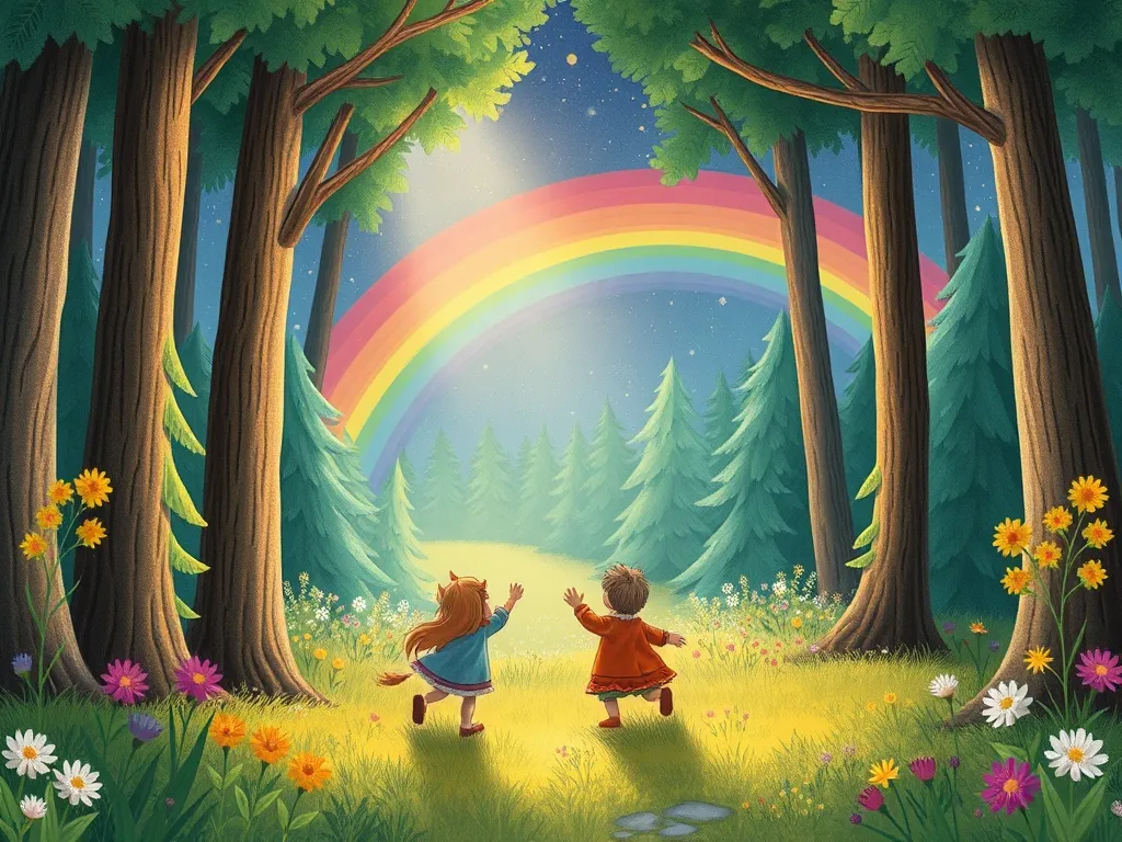 Rainbow's Way Home - Forest friends guiding Rainbow toward meadow light