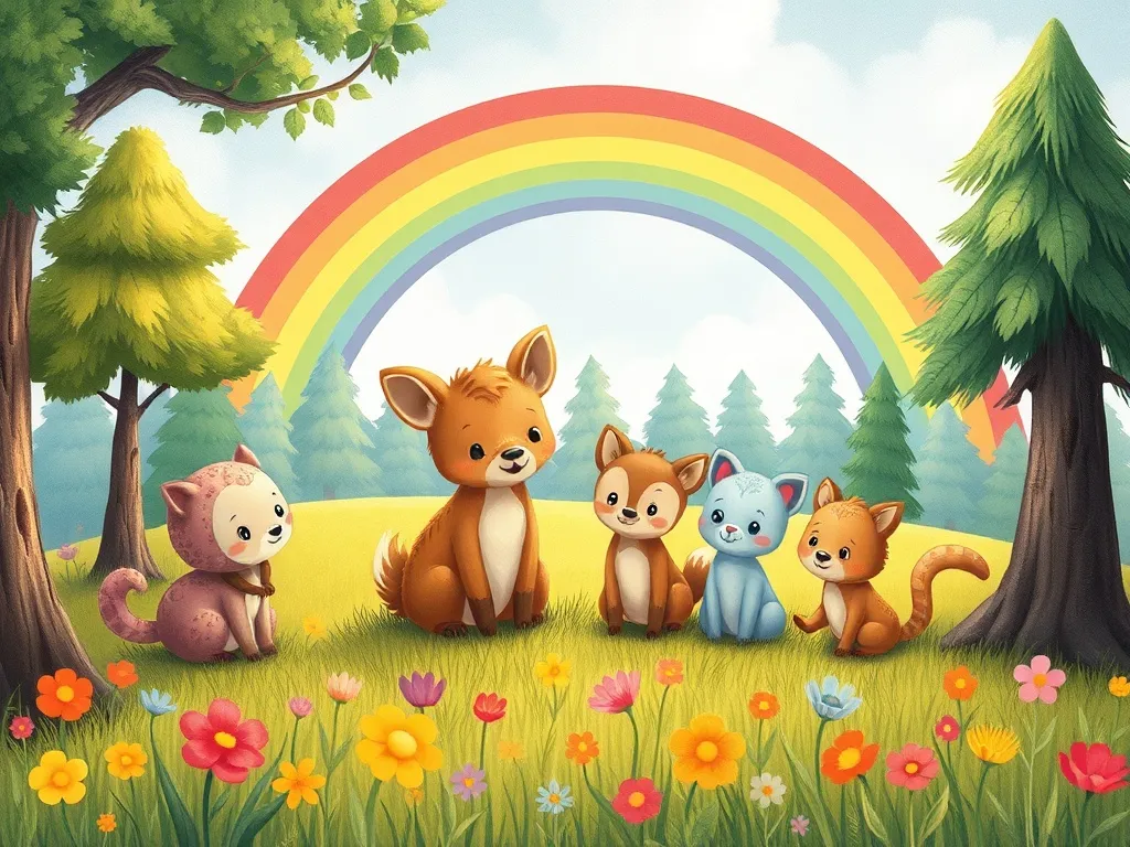 Rainbow's Way Home - Rainbow and forest friends sharing the meadow together