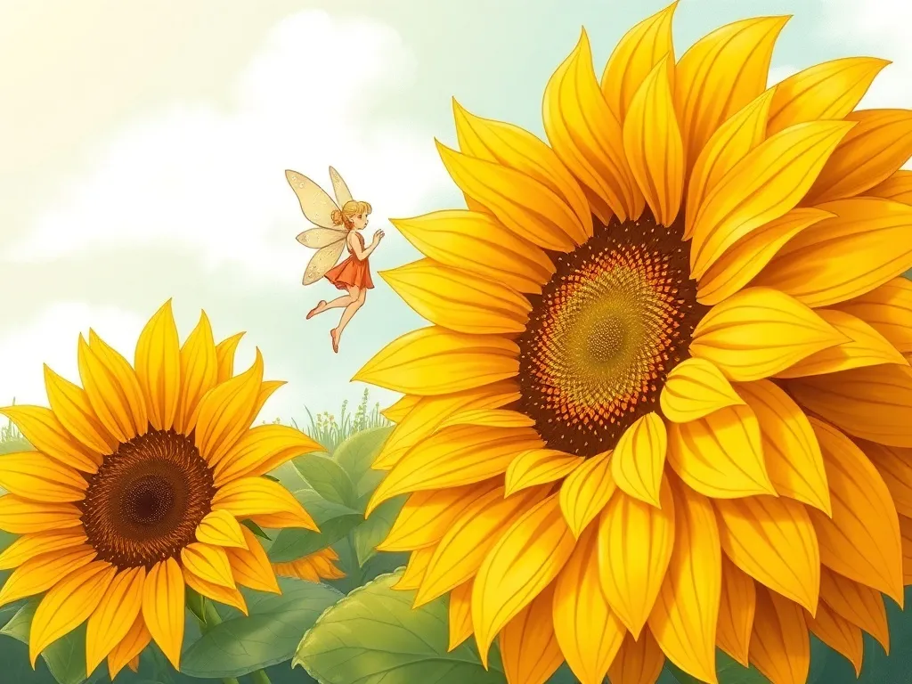 Rosebud's Lighthouse Adventure - Tiny fairy peering around giant sunflower
