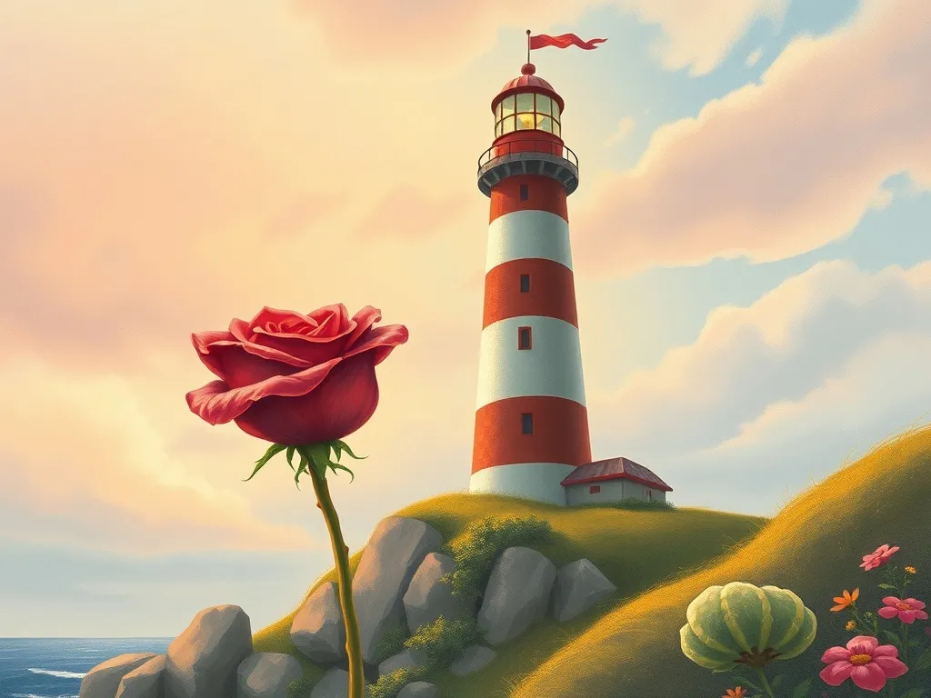 Rosebud's Lighthouse Adventure - Rosebud looking up at towering lighthouse