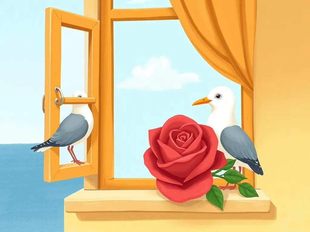 Rosebud's Lighthouse Adventure - Rosebud chatting with seagull on window ledge