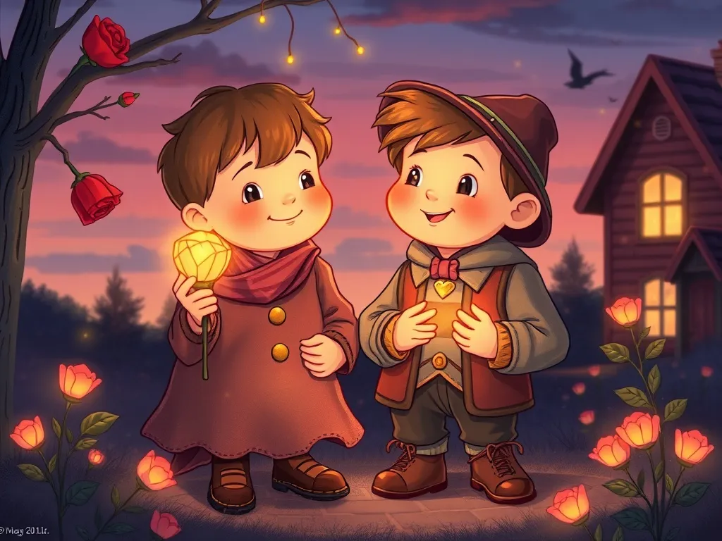 Rosebud's Lighthouse Adventure - Rosebud and Benjamin glowing together in twilight