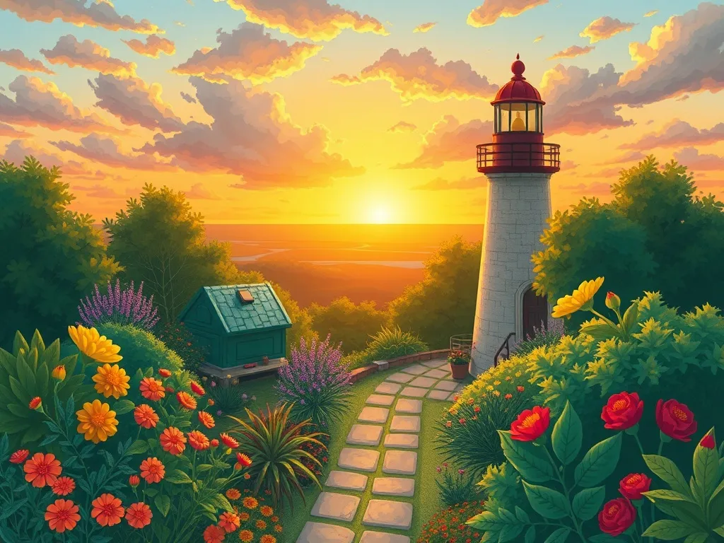Rosebud's Lighthouse Adventure - Garden view from lighthouse top at sunset
