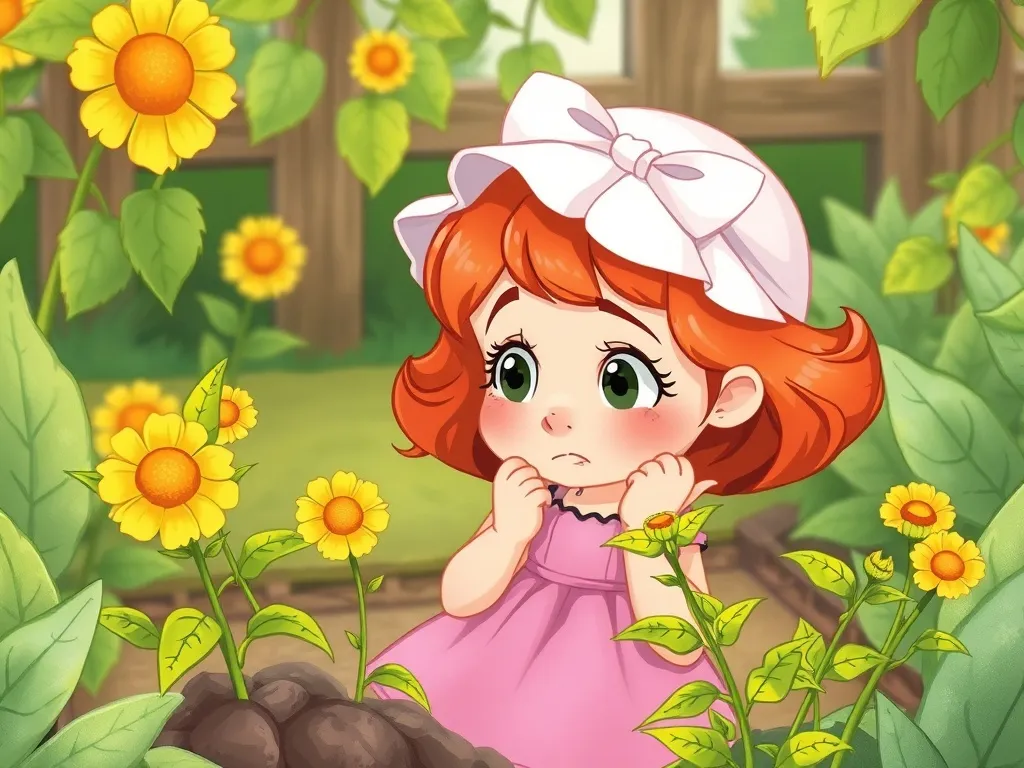 Rosie's Garden Questions - Rosie examining wilted plants with worried expression