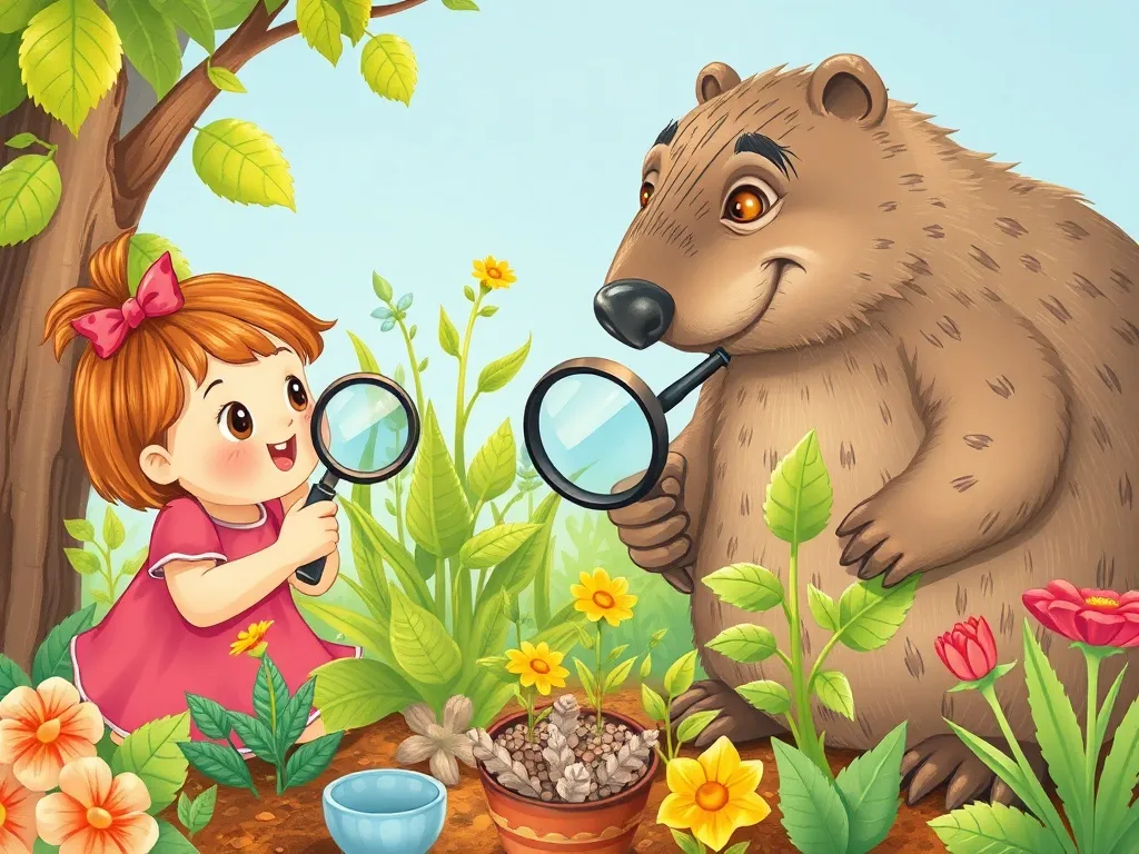 Rosie's Garden Questions - Rosie and Mr. Mole examining plants together with magnifying glass