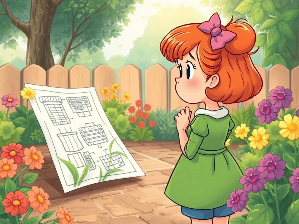 Rosie's Question Quest: A Tale of Finding Your Voice - Rosie studying confusing garden blueprints