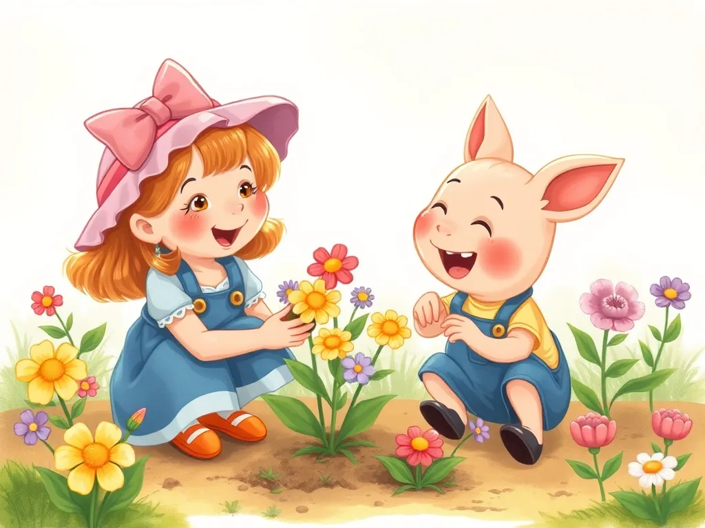 Rosie's Question Quest: A Tale of Finding Your Voice - Rosie and Pip planting flowers together, laughing