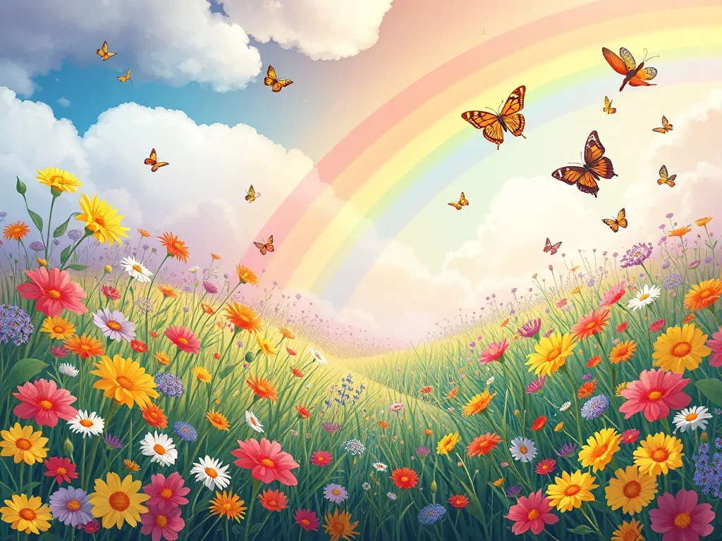 Rosie's Rainbow Meadow Friend - Vast rainbow meadow filled with mysterious flowers and dancing butterflies
