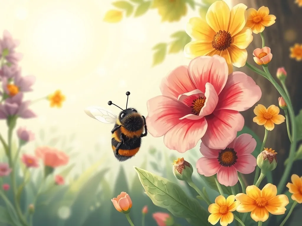 Rosie's Rainbow Meadow Friend - Bumble drawing while Rosie watches curiously from behind flowers