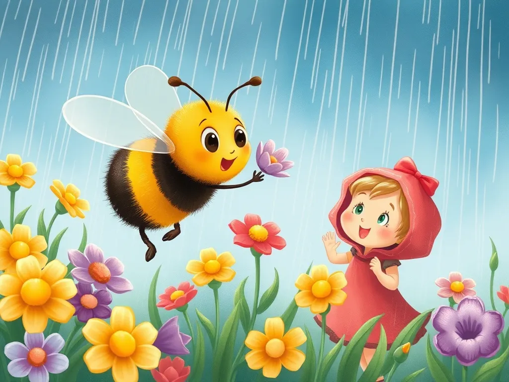 Rosie's Rainbow Meadow Friend - Bumble darting through rain to rescue flowers while Rosie watches in awe