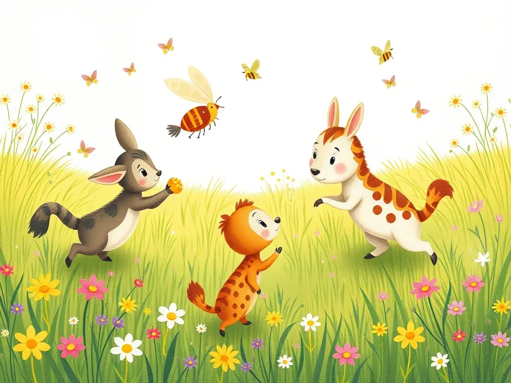 Rosie's Rainbow Meadow Friend - Meadow animals playing Buzz and Seek together, all differences forgotten
